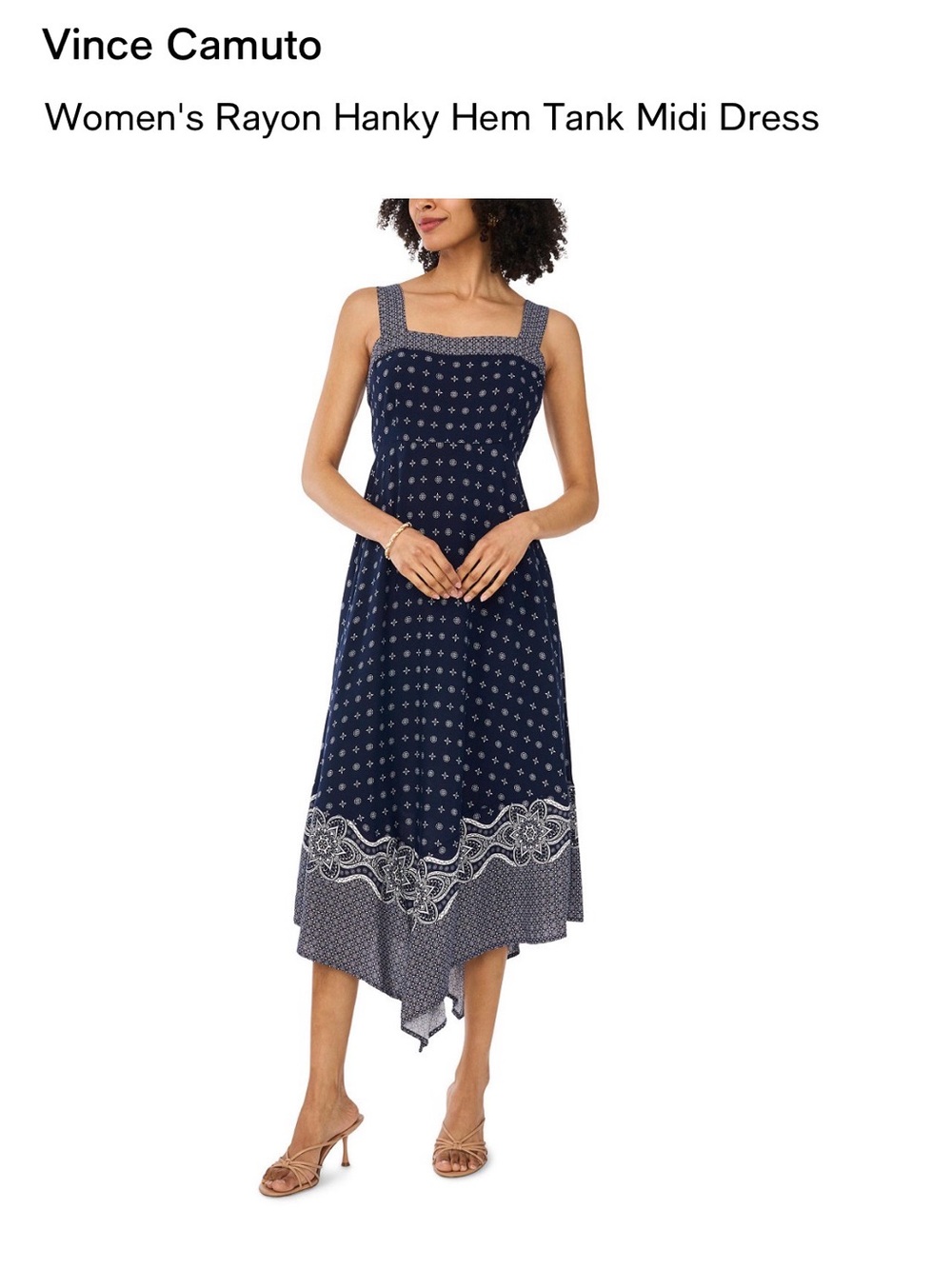 Vince Camuto Navy Printed Rayon Hanky Hem Midi Dress